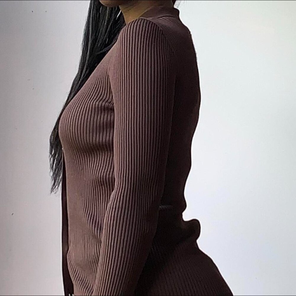 Babaton Chocolate Brown Ribbed Button-Down Top - Picture 2 of 13